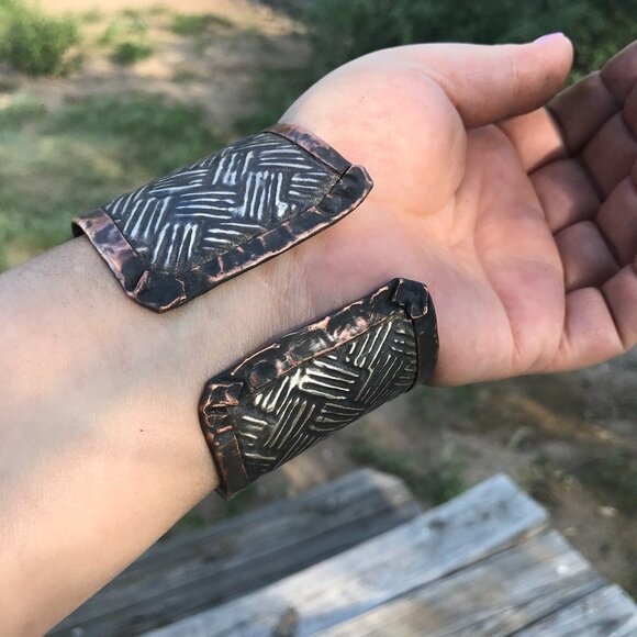 Woven Weave Embossed Sterling Silver 925 Copper Cuff Wide Rustic Handmade - Picture 4 of 13